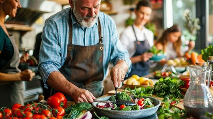 Middle-Aged Friends Enjoying Gourmet Salad Cooking Class with Fresh Seasonal Ingredients