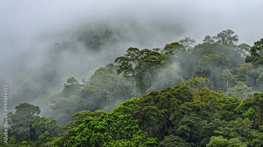 Wall mural Lush green rainforest shrouded in mist.