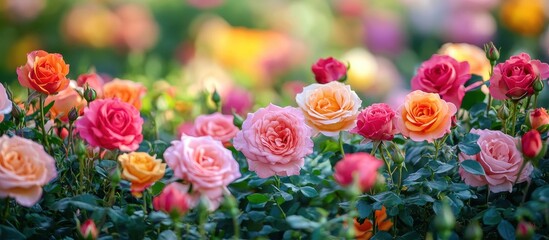 Naklejka premium Beautiful Garden with Vibrant Multicolored Roses in Full Bloom on a Sunny Day
