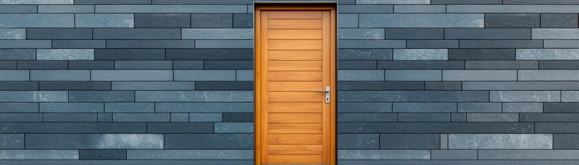 A modern wooden door framed by a sleek, textured dark slate wall, showcasing contemporary architectural design.
