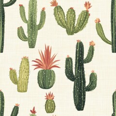 Vintage boho cactus pattern on vintage beige fabric background, seamless repeating pattern, textile print style, minimal, bohemian design, seamless cactus pattern, home decor, textiles 