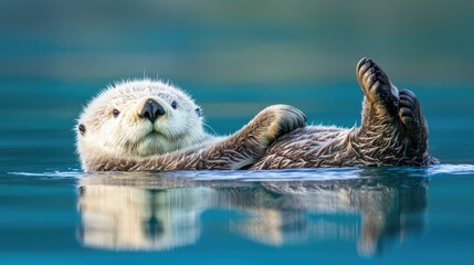 Fototapeta premium Sea Otter Floating Relaxed on Its Back
