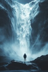 Majestic Waterfall with Silhouetted Figure in Misty Landscape Captured in Dramatic Lighting