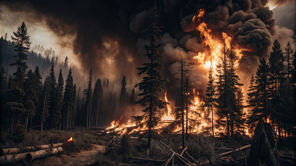 Flames engulf towering trees as a massive wildfire rages in a remote forest, creating thick clouds of smoke that darken the sky. The fire moves rapidly through the dry landscape