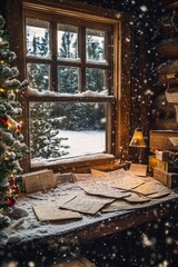 Santa's List and Letters Piled on a Snowy Desk by a Frosted Window in a Cozy Cabin