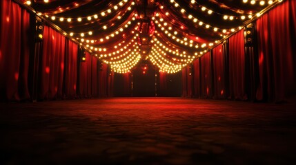 An enchanting corridor adorned with glowing lights and deep red drapes creates a magical atmosphere, inviting viewers into a world of wonder and anticipation