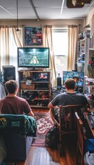 Obraz premium Parents and Students Creating Relaxing Dorm Entertainment Space for Cozy Gaming and TV Watching