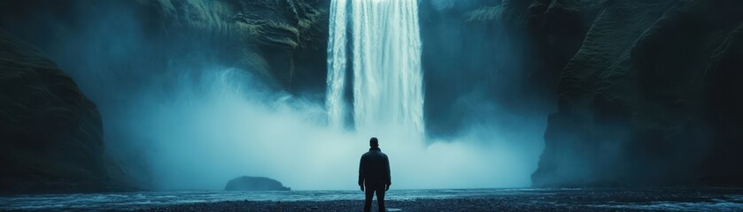 Fototapeta premium Majestic Waterfall with Silhouette of Person in Foreground, Misty Atmosphere, and Dramatic Lighting