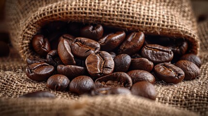 Naklejka premium Coffee beans spilling out of a burlap sack, rich and aromatic, Rustic, Warm browns, Photograph, Aromatic detail