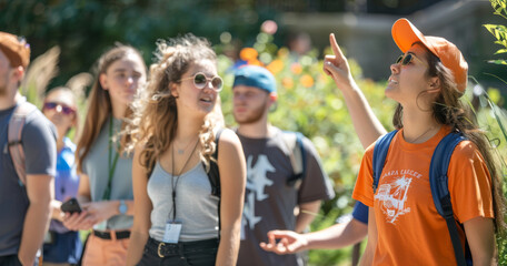 Freshmen Students Exploring Campus on Guided Tour, Sunshine and Learning for New Pupils