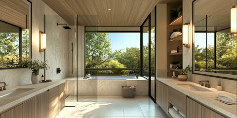 Fototapeta premium Modern bathroom with large windows and a view of nature.