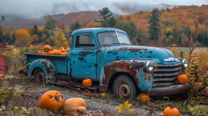 Old vintage classic truck with pumpkins and fall colors , cosy house in autumn with holiday mood