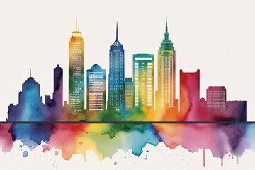 Obraz premium Chic Urban Watercolor Skyline Illustration with Colorful Texture and Light