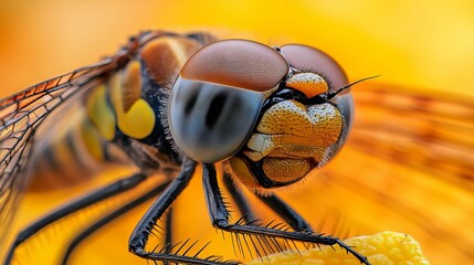 An extreme close-up of a Zygoptera dragonfly's eye, capturing its minute details. The dragonfly rests on a yellow leaf, its eye standing out as the focal point in this selectively focused shot. 