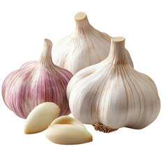 Fresh garlic bulbs and cloves isolated on white background. Aromatic and flavorful ingredient used in cooking and culinary dishes.