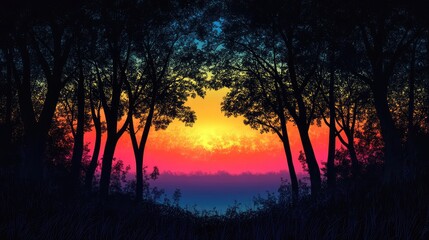 Fototapeta premium Silhouetted trees framing a distant horizon at sunset, with vibrant colors stretching far into the distance.