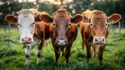 Cows grazing in a lush green field, peaceful and pastoral, Pastoral, Soft greens, Photograph, Tranquil farm life