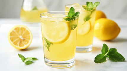 Fototapeta premium The scene should evoke a sense of freshness and indulgence, showcasing a vibrant, non-alcoholic cocktail enhanced with dried fruits, lemon, mint, and ice. The clear glass, bright colors, and garnishes