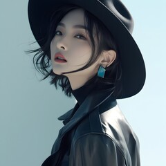Stylish Woman in Black Hat and Leather Jacket Looking Away