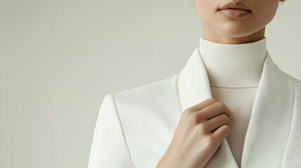 Close-up of a woman's hand adjusting the collar of a white blazer. The minimalist composition and soft lighting focus on the elegance and simplicity of the moment.