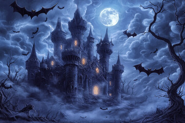 Fototapeta premium A Dark and Eerie Castle Under a Full Moon