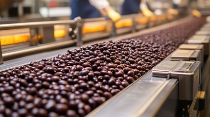 Fototapeta premium Black beans are being sorted and packaged on a conveyor belt in a food processing factory, showcasing a busy working environment.