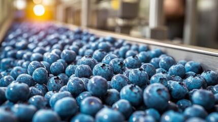 Fototapeta premium Fresh blueberries on a conveyor belt during processing in a bright and productive agricultural facility.