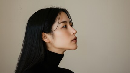 Side profile of a young Asian woman with long black hair, wearing a black turtleneck. The minimalist background and soft lighting highlight her elegant features and calm expression.