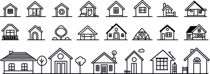 A set of home button line icons. A simple house symbol. A building icon. An editable stroke.