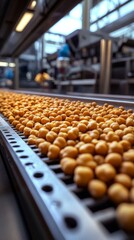 Fototapeta premium Chickpeas being roasted and seasoned on a conveyor belt in a bright industrial kitchen.