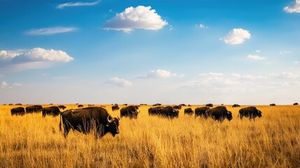 Serene Grasslands with a Herd of Buffalo Under Open Skies