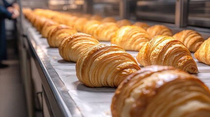 Fresh croissants being baked to a golden brown in a bakery, lined up and ready for serving.