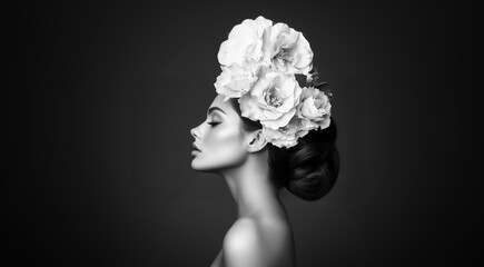 Black and white profile of a woman wearing a large flower in her hair. Her poised expression and the dramatic floral arrangement create a striking contrast.