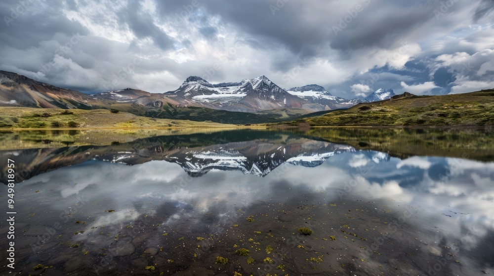 Sticker Majestic mountain peaks reflected in a still lake under a cloudy sky.