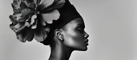 Elegant black and white profile of a black woman wearing a large floral headpiece. The image highlights her serene expression and the intricate details of the flowers.