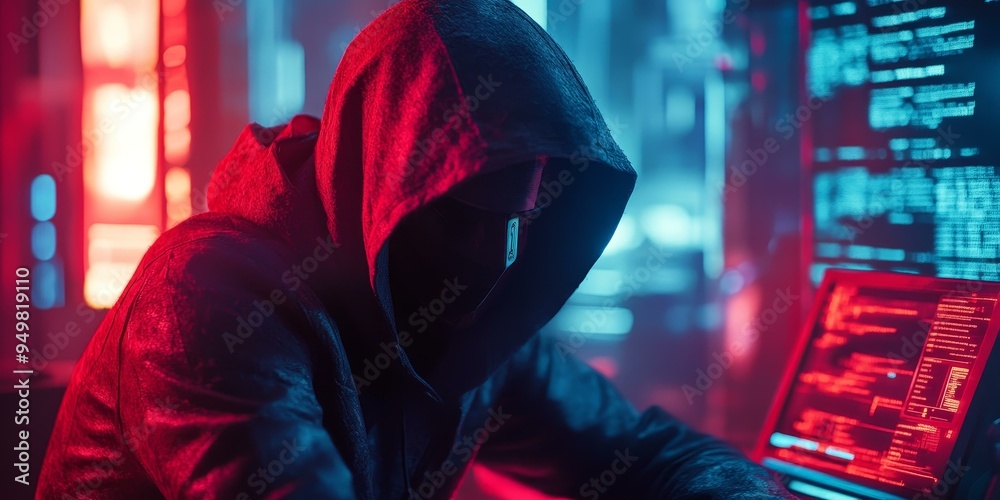 Wall mural Hooded figure coding in dimly lit room.