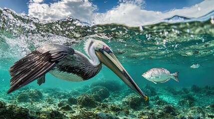 Pelican's Precision Dive: A Bird's Hunting Moment