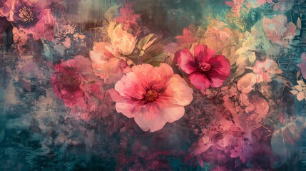 Abstract blooming art with seamless floral patterns. Grunge textured art with flowers and plants in a watercolor style.