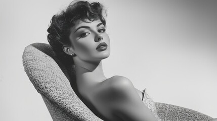 Black and white portrait of a woman with retro curls, sitting in a vintage chair. The image captures the essence of 1950s elegance and style with its dramatic lighting and classic pose.
