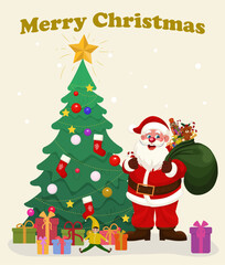 Naklejka premium Merry Christmas concept with Santa Claus, gift and text congratulation. Holiday cartoon character in winter season. Greeting Card. Vector Illustration