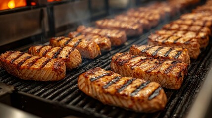 Grilled mahi-mahi steaks sizzling on the barbecue, showcasing a smoky aroma and delicious char marks.
