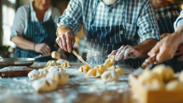 Middle Aged Friends Enjoying a Cooking Class on Homemade Pasta Preparation