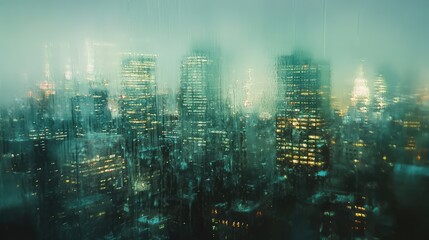 Fototapeta premium Soft-focus image of a cityscape through a lightly frosted glass, creating subtle distortions of buildings and lights.