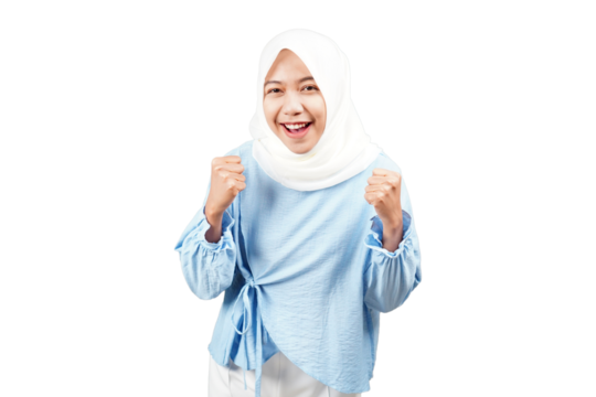 Excited asian hijab girl isolated transparent