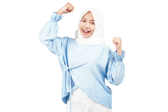 Excited asian hijab girl isolated transparent