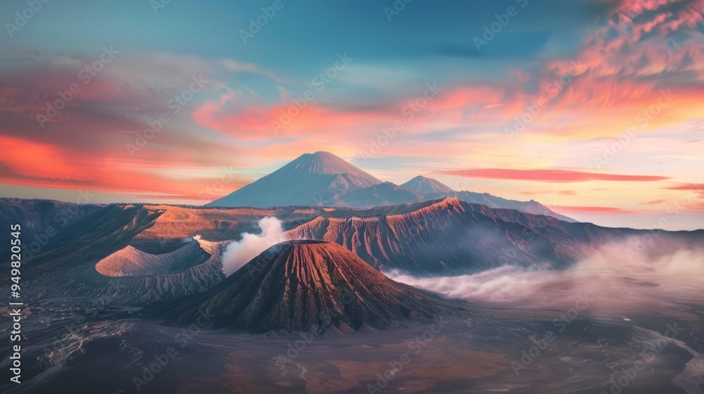 Sticker Majestic volcanic landscape at sunrise, with dramatic clouds and wisps of smoke.