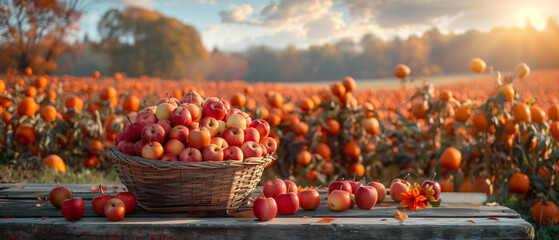 Wooden Basket with lots of red apples on it , on Wooden Table With Field Trees And Sky In Background