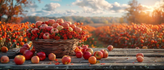 Wooden Basket with lots of red apples on it , on Wooden Table With Field Trees And Sky In Background