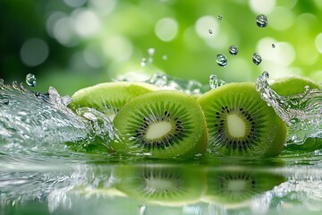 Fresh Kiwi Fruit Splashing in Water on Green Background