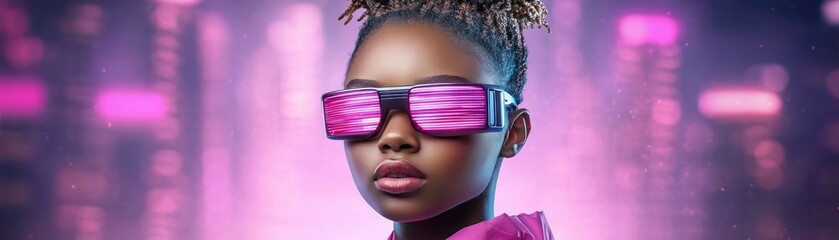 Fototapeta premium Futuristic Fashion Sleek Sunglasses, Vibrant Cityscape, Tech-Infused Style Bold and Dynamic Energy, a Modern Take on Fashion Photography